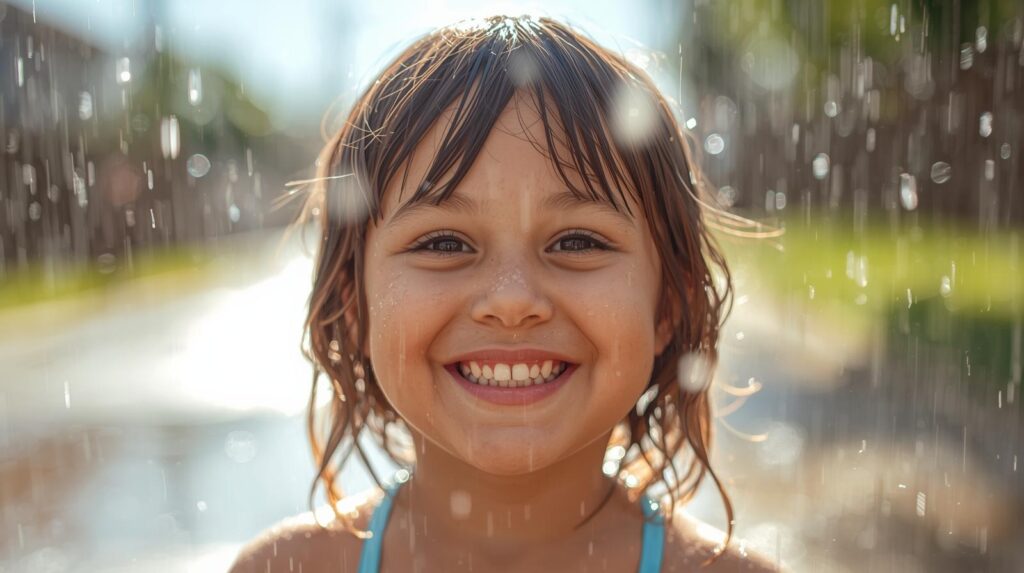 create a image of a kid staing healthy in the rainydays and with the bright smile