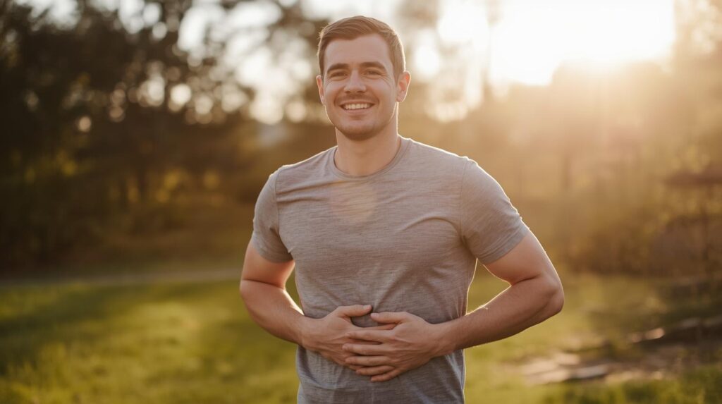 show me a healthy human standing and expressing his good gut health with a suttle smile in a in a bright morning sun light with only one hand in his belly